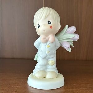 Vtg Precious Moments Boy with Pink Tulips Figurine
